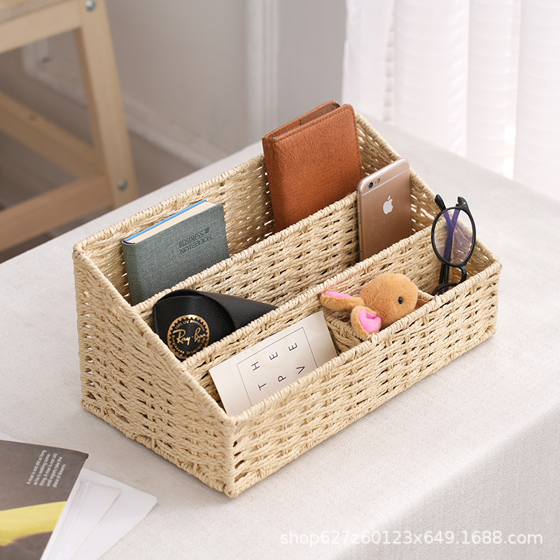 cuerda de papel trenzada estante de almacenamiento de escritorio multiplaca utensilios de oficina cosméticos papelería cesto de almacenamiento despeje
