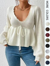 D 73096 V Neck Tie Waist Knit Sweater ��Ҷ��ë�� �羳ŷ