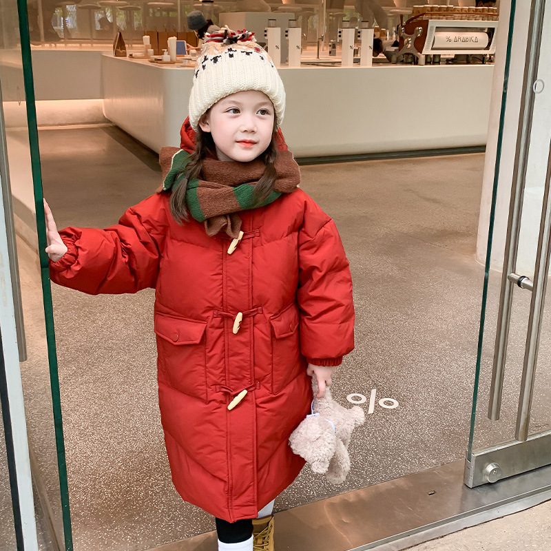 女童羽绒服中长款韩版红色儿童连帽牛角扣外套新年喜庆冬装母女装