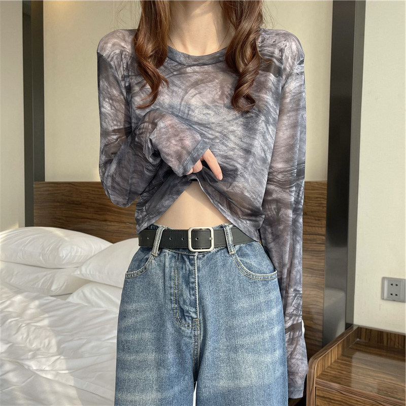 제조업체 여름 메쉬 자외선 차단 기본 셔츠 여성 티셔츠 긴팔 얼음 실크 짧은 타이 염색 다목적 섹시 탑 인