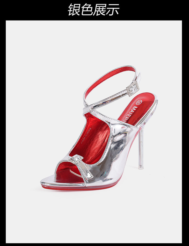 Sandal nữ quai ngang gót nhọn mảnh hở mũi mũi nhọn da bóng — Màu be, Màu bạc, Màu trắng, Màu tím chi tiết 12