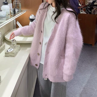 韩版软糯慵懒风V领针织开衫女秋冬新款仿水貂绒宽松毛衣开衫外套