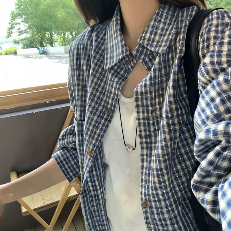 Retro Loose Casual Plaid Shirt for Women, Spring and Autumn Thin Korean Style Simple Long Sleeve Commuting Blouse