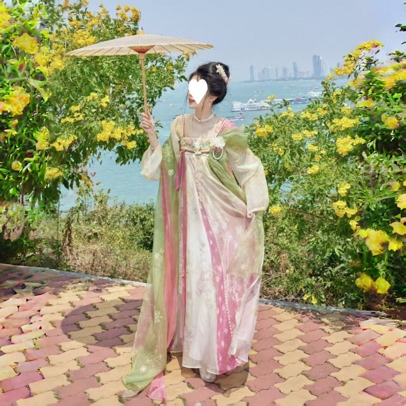 New Chinese Style Ancient Costume with Jade, Spring Breeze Embroidery, Pink Chest-Length Skirt, Printed Double-Breasted Shirt, Tang-Style Hanfu Women's Set