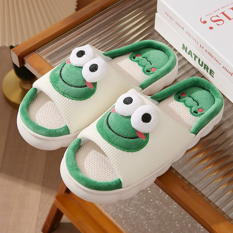 Домашние тапочки унисекс Four Seasons для пар, льняные, нескользящие, на толстой подошве, с мультяшным рисунком лягушки, экспортная модель «виноградная зерна»