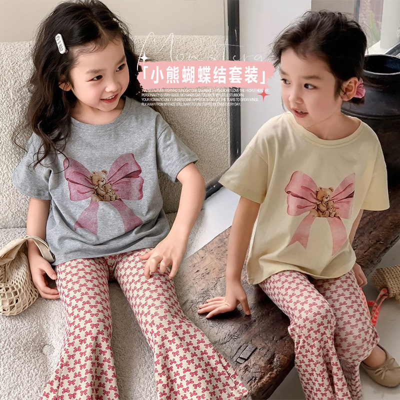 Girls' Western Style Suit 2024 Summer New Children's Baby Short-sleeved Bear Butterfly T-shirt Flared Pants Two-piece Set
