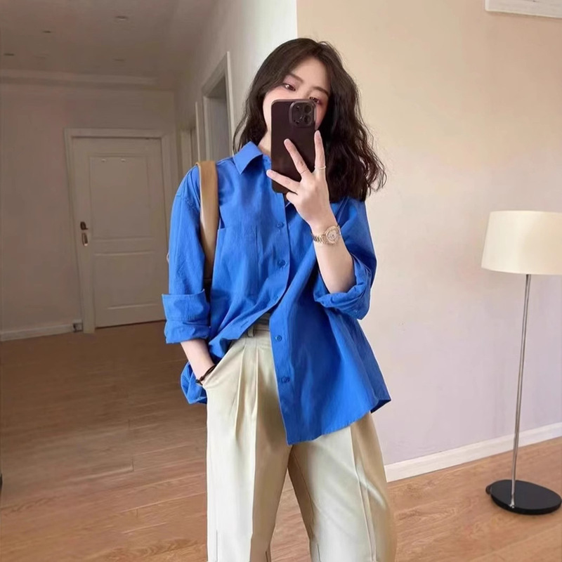 Spring and Autumn New Style Small Design Long Sleeve Klein Blue Shirt Women's Outerwear Loose Casual Shirt Sun Protection Shirt