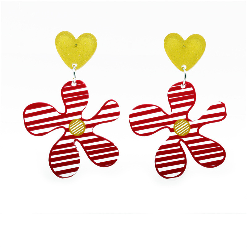 Cruz-frontera caliente tridimensional en relieve impreso de acrílico flor Stud pendientes de verano de acrílico amor pendientes