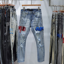 欧美浅色破洞牛仔裤男潮弹力修身小脚高端复古怀旧水洗休闲长裤