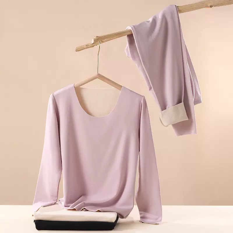 唐格 秋冬真丝拉绒圆领保暖套装 轻薄女士桑蚕丝内里秋衣秋裤长袖