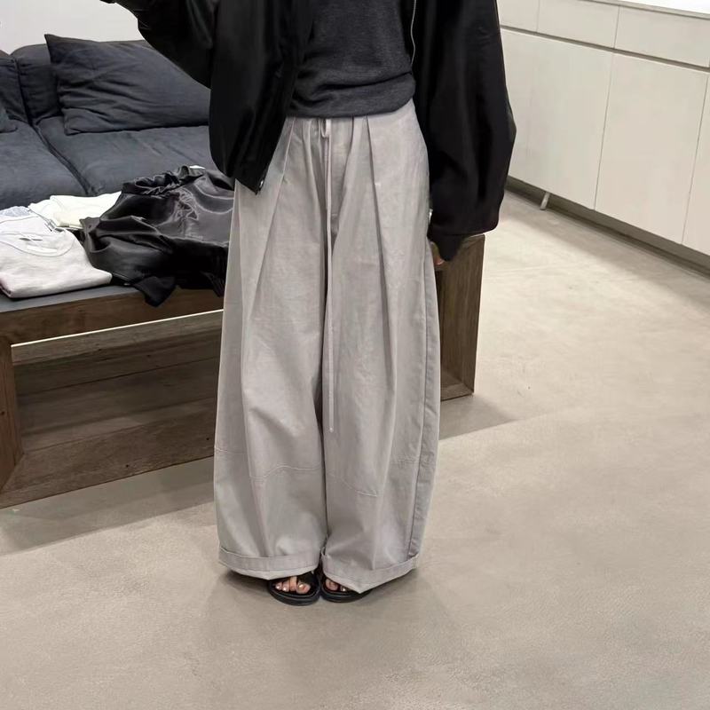 时尚韩系新款简约镰刀阔腿高腰休闲宽松百搭设计感弯刀气球休闲裤|undefined