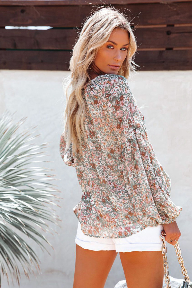 V-neck long-sleeved floral chiffon top nihaostyles wholesale clothing NSQSY86574