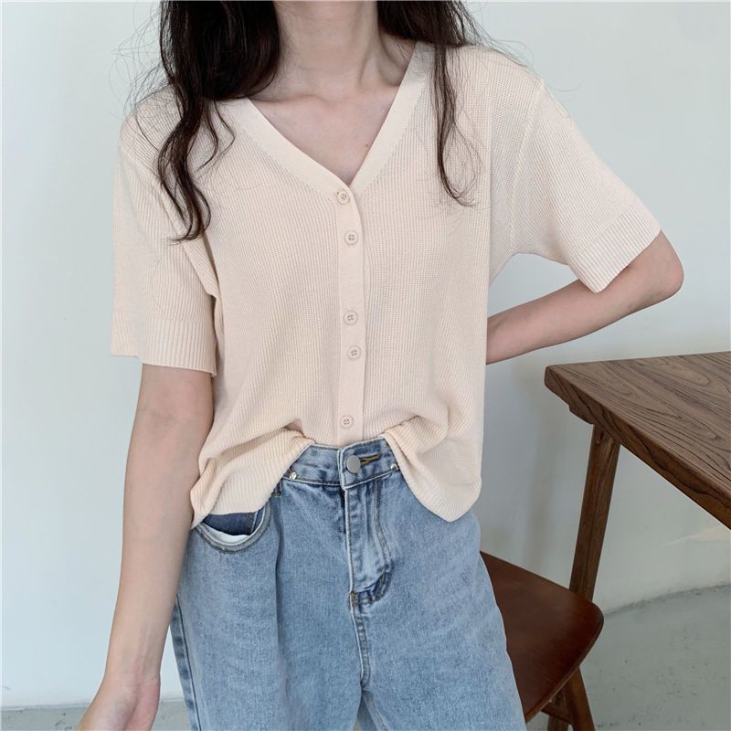 夏季薄款冰丝短袖T恤女装2025纯色柔软开衫针织短款上衣简约百搭