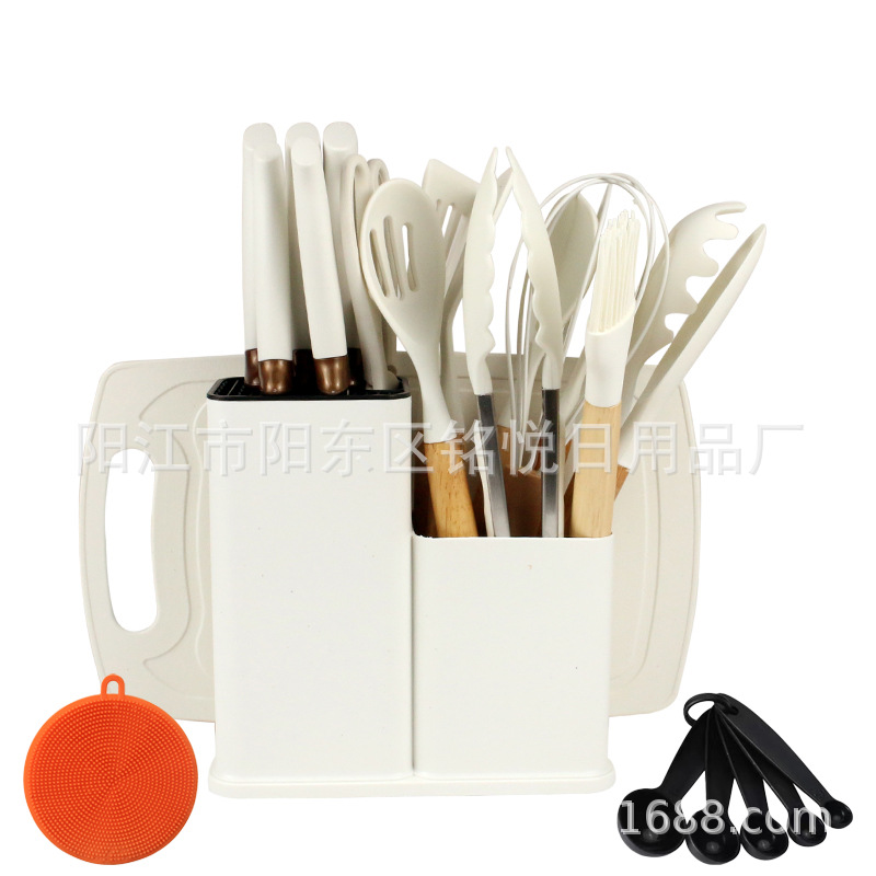 Cuchara de silicona con mango de madera, juego de utensilios de cocina, combinación de cuchillos, cuchara resistente a altas temperaturas, sartén antiadherente, cubo de almacenamiento, juego de 25 piezas para el hogar