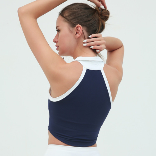 Foreign trade sports fitness vest for women, contrasting color lapel zipper, quick-drying, high elasticity, chest pad, running yoga top