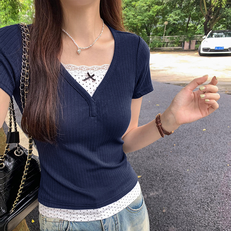 Special Wholesale Sweet Style Splicing Bow Lace Fake Two-Piece T-Shirt Contrasting Polka Dot Print Slim Top