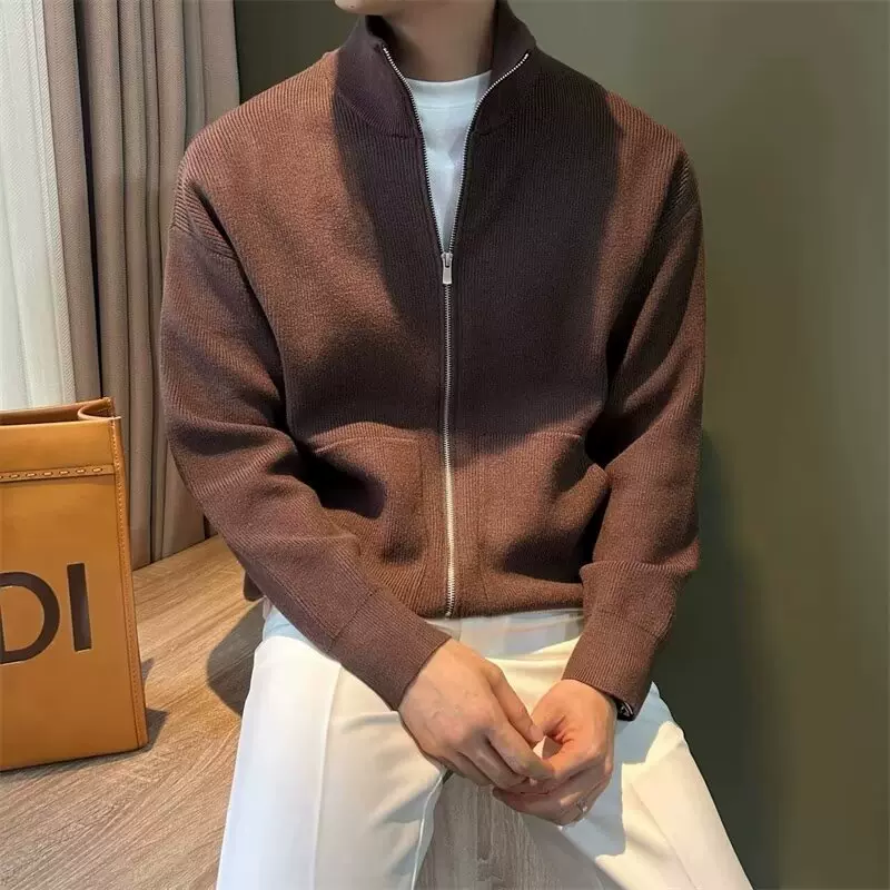 针织开衫外套男士毛衣男款2024秋冬季潮牌带侧口袋立领休闲夹克男