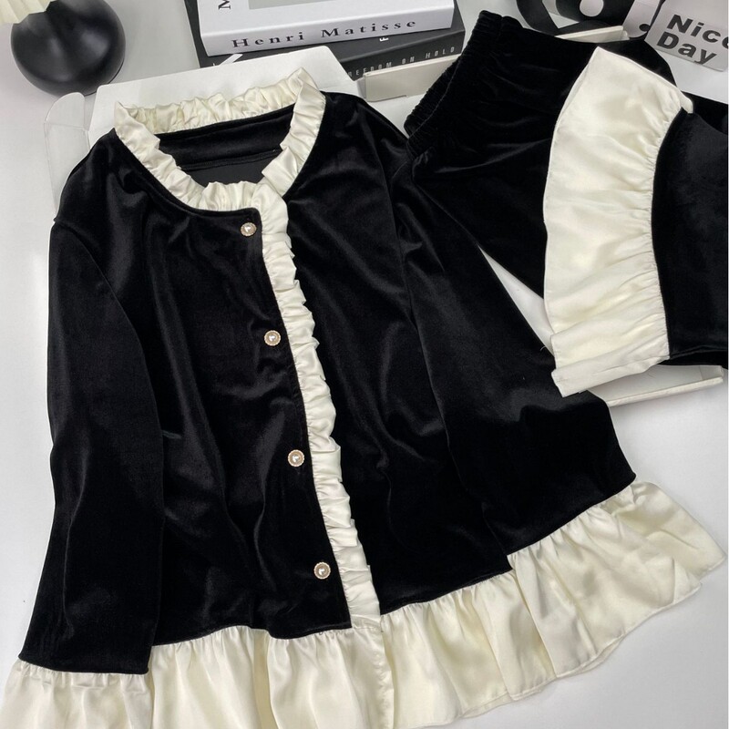 New Velvet Long-Sleeve Long-Pants Pajamas for Women, Autumn Palace Style with Ruched Lace, Pure Desire Light Luxury Loungewear