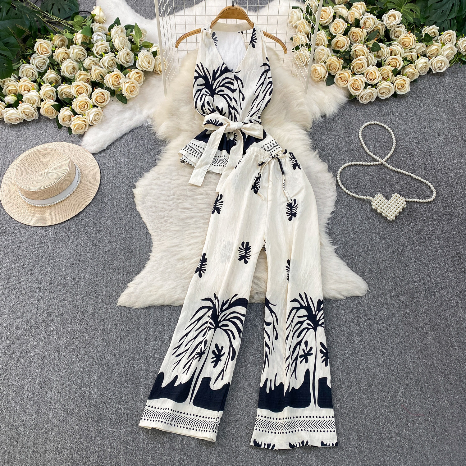 French-Inspired Sleeveless Top & High-Waisted Wide-Leg Pants Two-Piece Set, Floral Print Casual Outfit_ecoleips.com