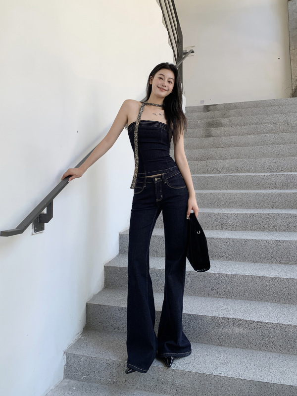 美式低腰弹力微喇叭牛仔裤女2025年秋季新款不褪色显瘦百搭拖地裤|undefined