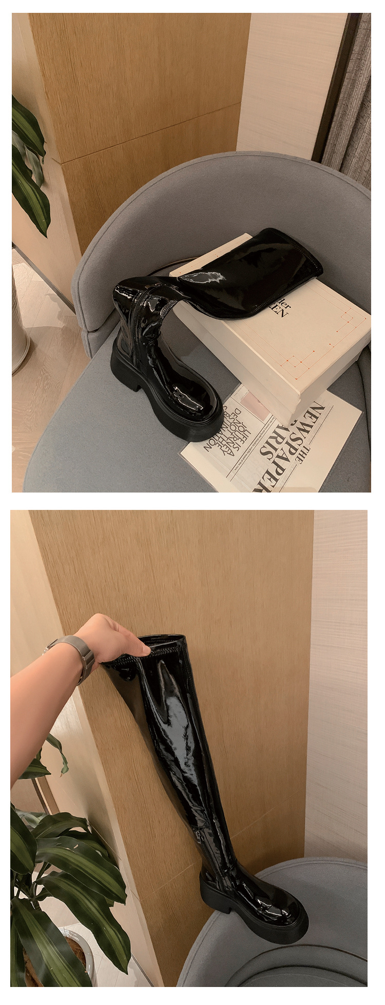 Boot nữ cổ cao ôm chân đế xuồng gót 9 cm — Lớp lót bằng da sáng chế màu đen chi tiết 10