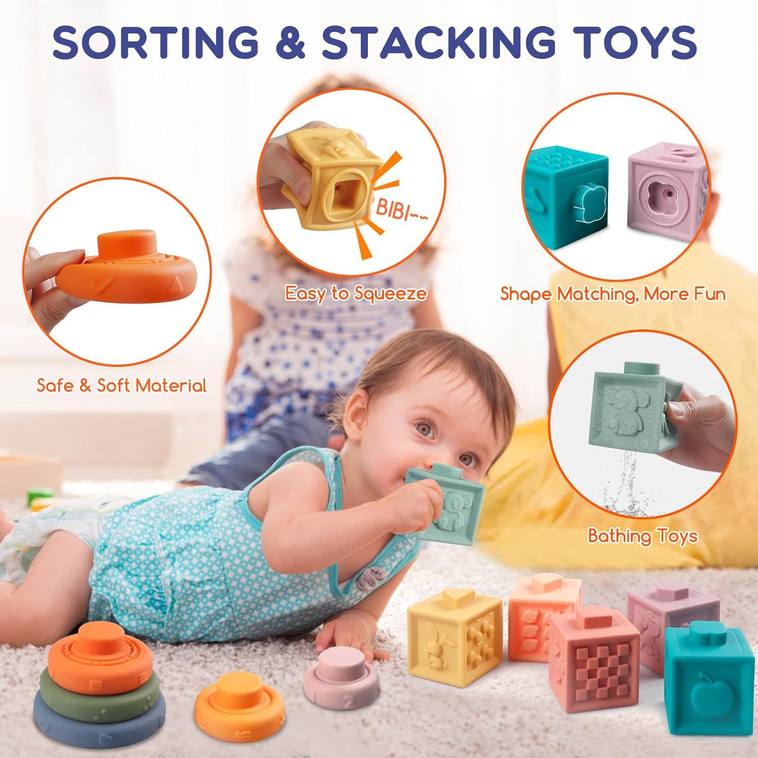 Montessori Altersklassifizierung Stapel-Lernspielzeug 6-12 Monate Holzbausteine Xylophon Babyzahnungsspielzeug
