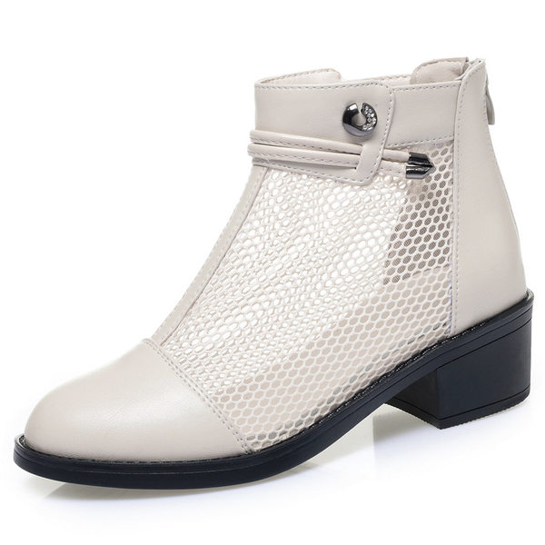 Boot nữ da thật cổ thấp gót vuông 5 cm đế êm, kiểu hở mũi lưới thoáng khí — màu be