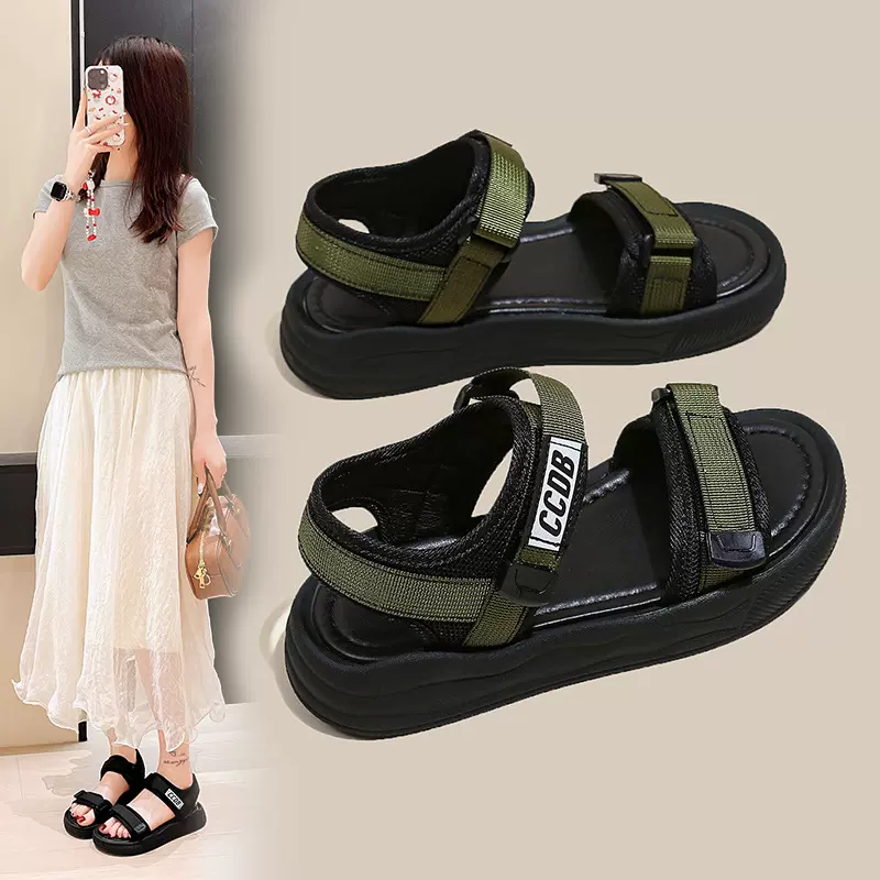 运动凉鞋女2025夏新款百搭网红松糕厚底魔术贴平底学生软底沙滩鞋