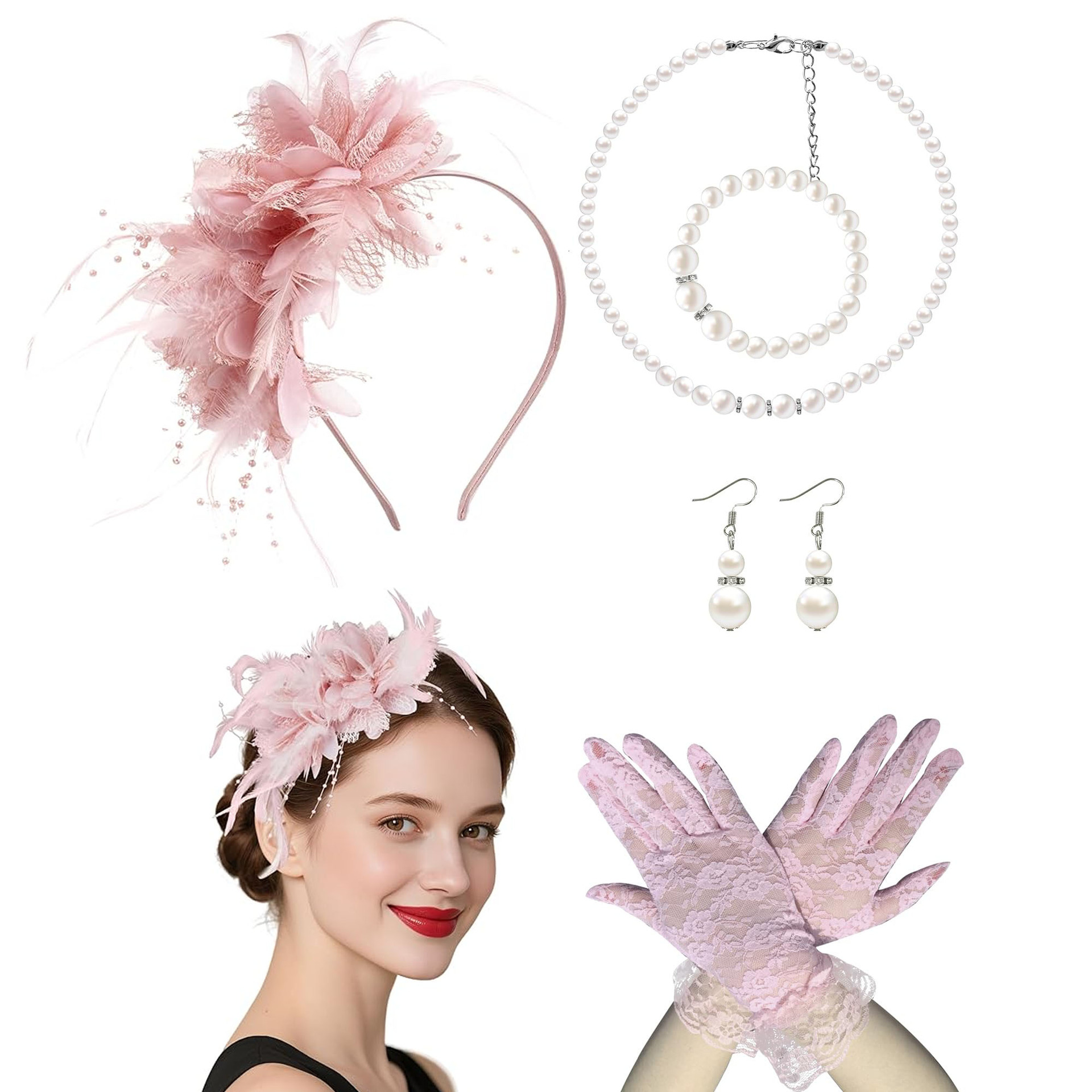 Feather Head Flower Artificial Flower Headband Christmas Halloween Holiday Party Party Performance Head Flower Necklace Glove Combination