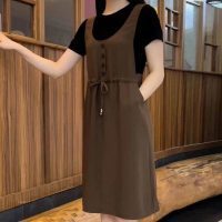 偽ツーピースファッショナブルな年齢軽減ドレス新しい半袖トップスラウンドネックインターネットセレブホットスタイルミドル丈スカート女性のトレンド|undefined