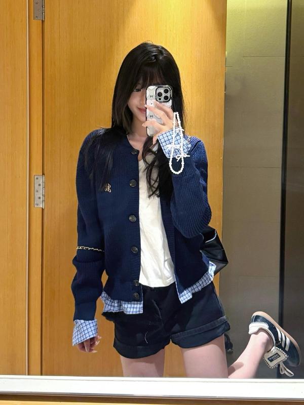 秋季假两件针织开衫毛衣女学院风衬衫拼接撞色高级感百搭外套上衣|undefined