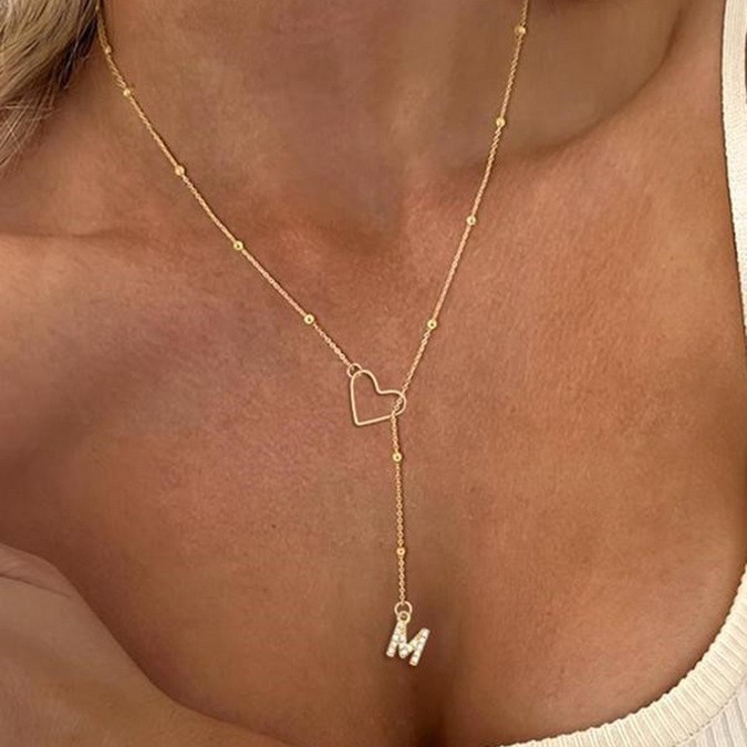 Cross-Border New European and American Fashion Cut Out Heart Letter Necklace 26 Rhinestone Letter Clip Bead Chain Women's Clavicle Chain