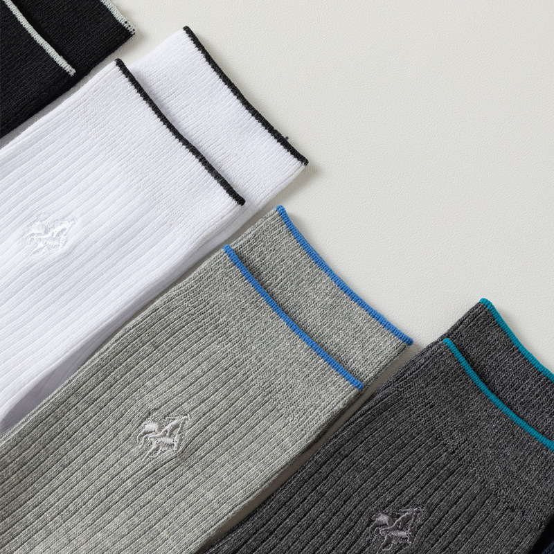 【Boneless Double Needle】Mid-Calf Men's Socks, Japanese Style, Simple, Breathable, Sweat-Absorbent, Embroidered, Office Boss Business Socks