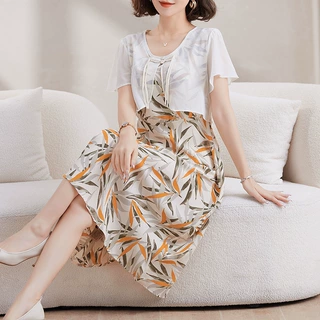 妈妈连衣裙夏装洋气2023新款中年品牌时尚气质花色中长款雪纺裙子