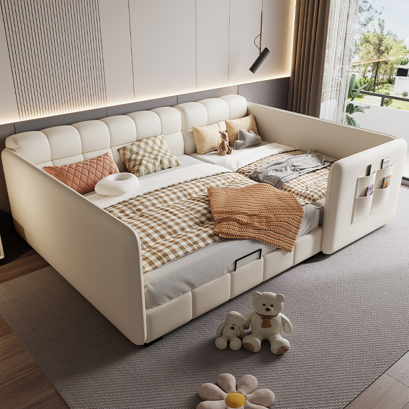 Parent-Child Bed for Families with Two Children, a Large Bed for a Family of Three or Four, Mother-Child Shared Bed, Cream-Style Puff Leather Bed