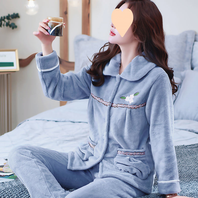 可外穿秋冬季加厚法蘭絨女士睡衣兩件套裝大碼簡約珊瑚絨家居服女