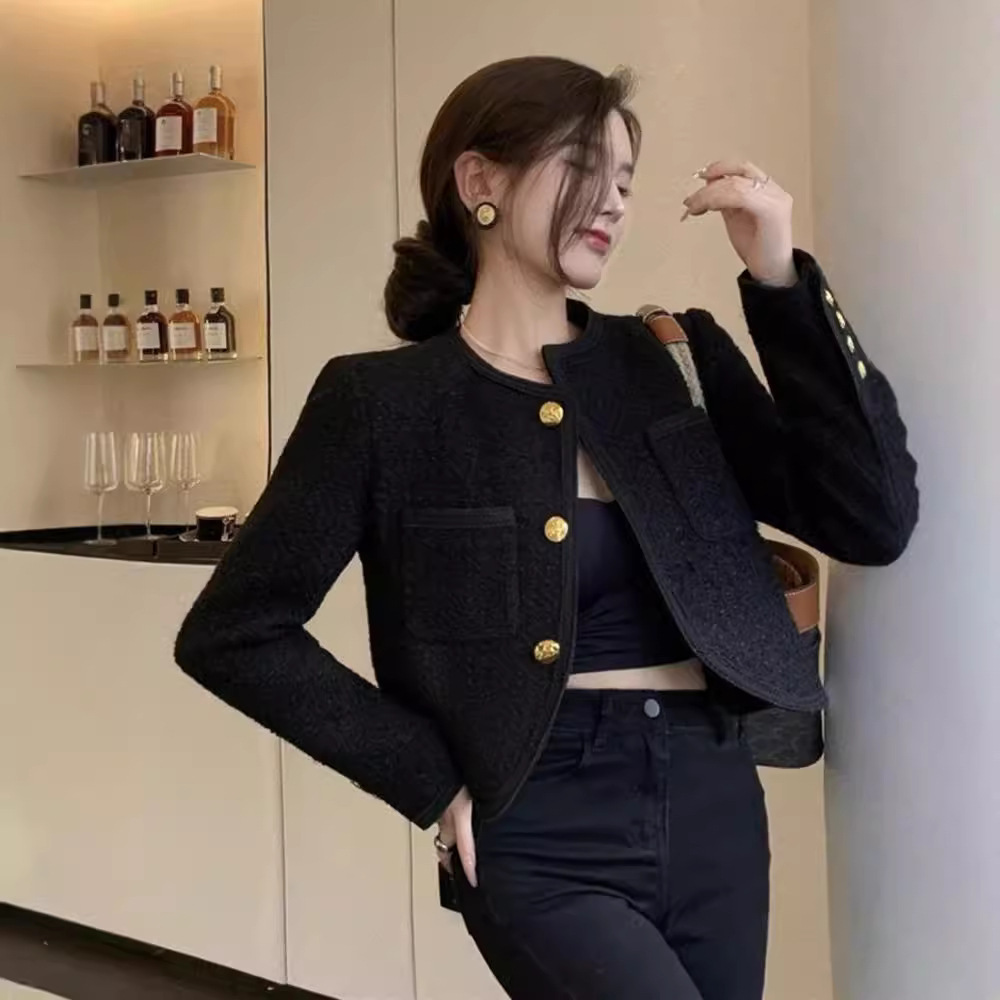Elegant Short Tweed Cardigan for Women Spring 2024 New Style Chanel-Inspired Socialite Elegant Black Coat