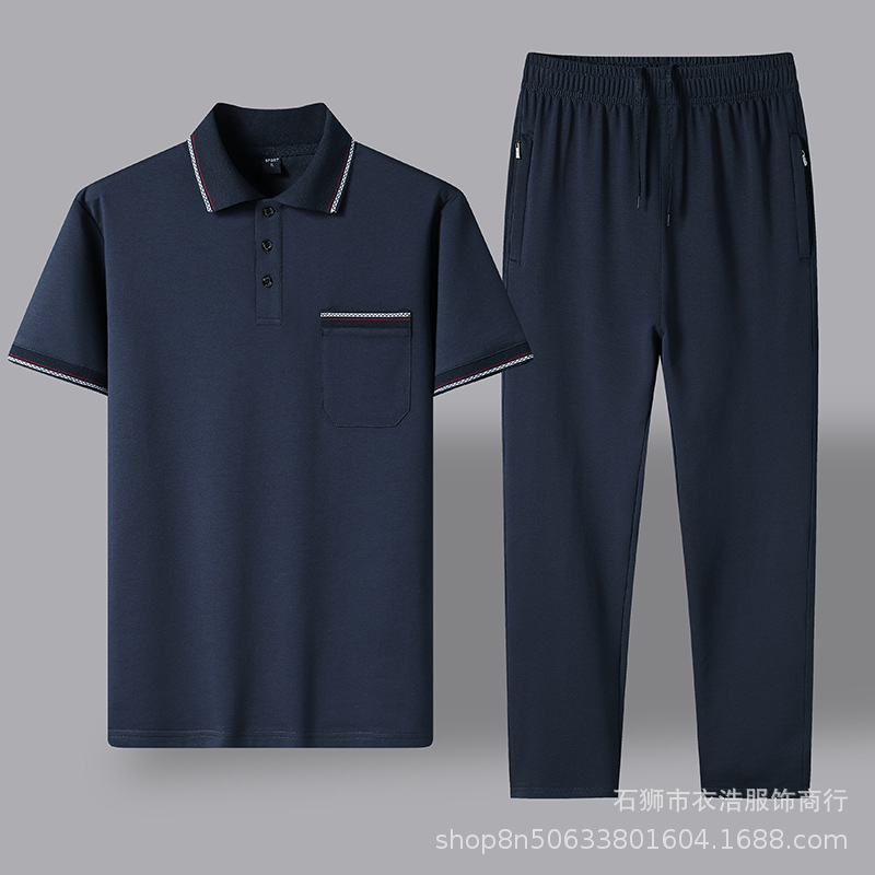 Traje deportivo informal de verano para hombres de mediana edad y mayores, conjunto de dos piezas de algodón para papá, camiseta polo de manga corta y pantalón largo, para el Día del Padre