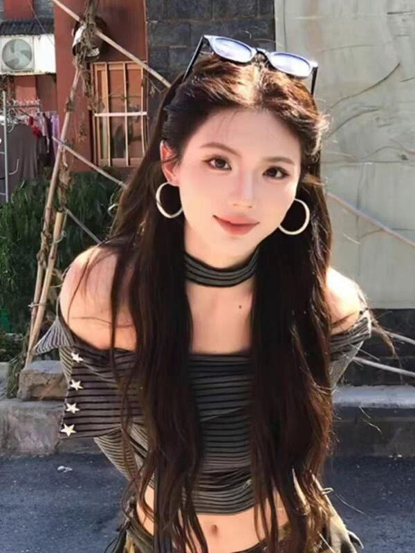 美式复古辣妹一字肩条纹长袖t恤女早秋新款修身显瘦露肩短款上衣|undefined