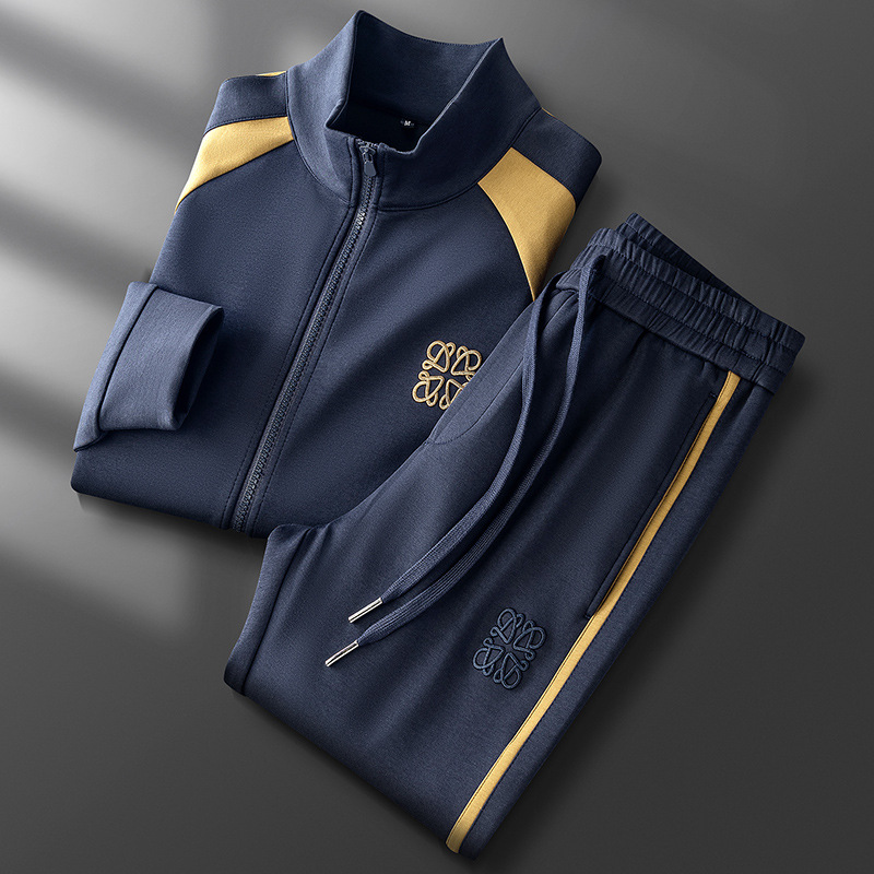 Autumn and Winter Fashion Zipper Cardigan Jacket suit Men's Casual High-end Stitching Modal Embroidered Straight Pants Men