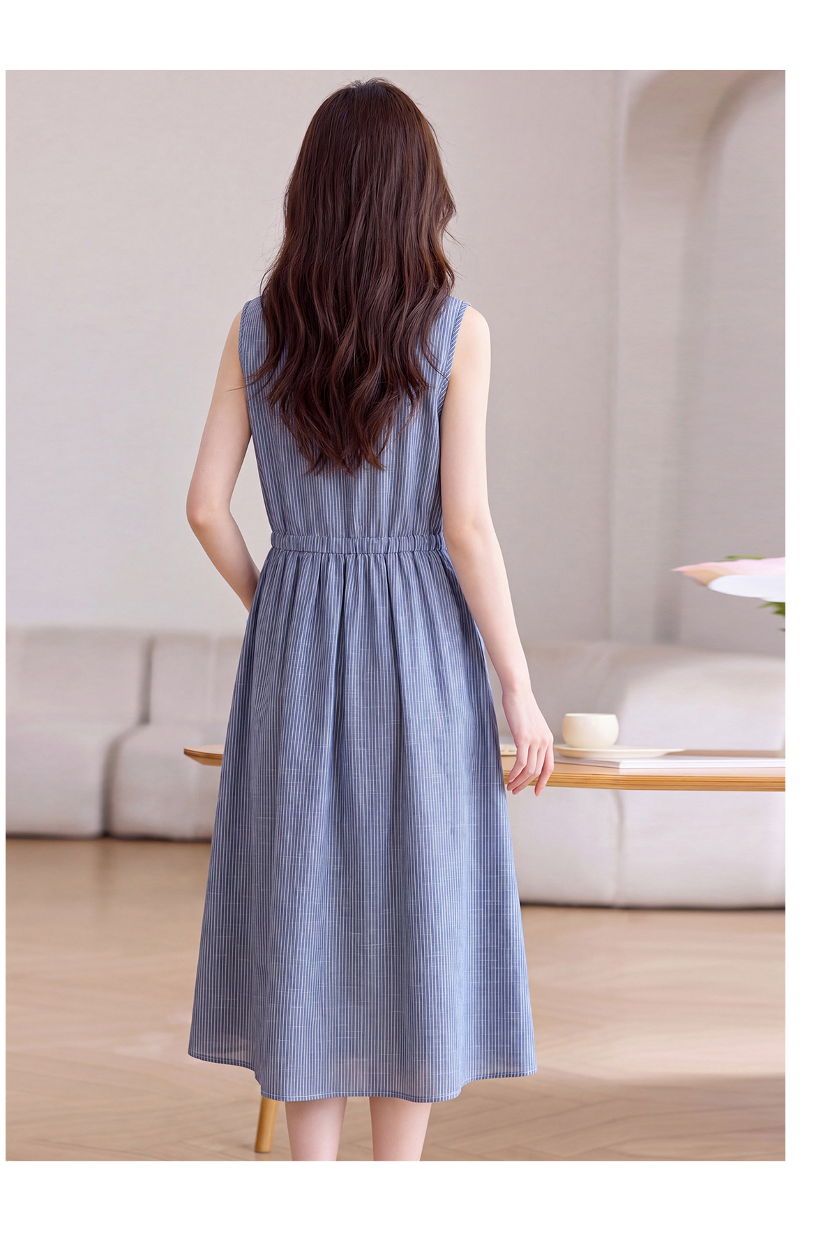 Đầm maxi nữ thắt eo cổ V rút dây, dáng chữ A trung niên mùa hè — Sọc Tây Tạng, Lưới đỏ, Sọc kaki chi tiết 23