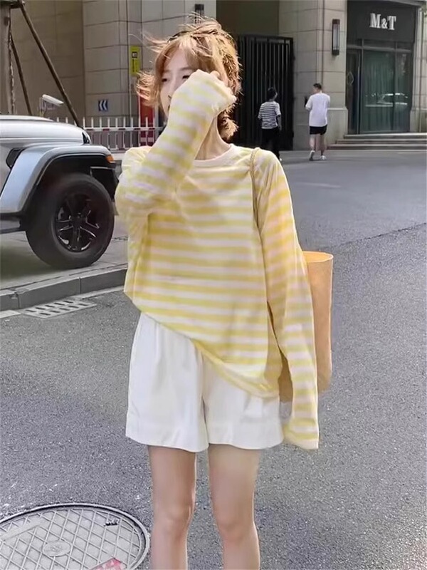 撞色条纹T恤女长袖2025夏季新款衣服休闲宽松薄款防晒衣罩衫上衣|undefined