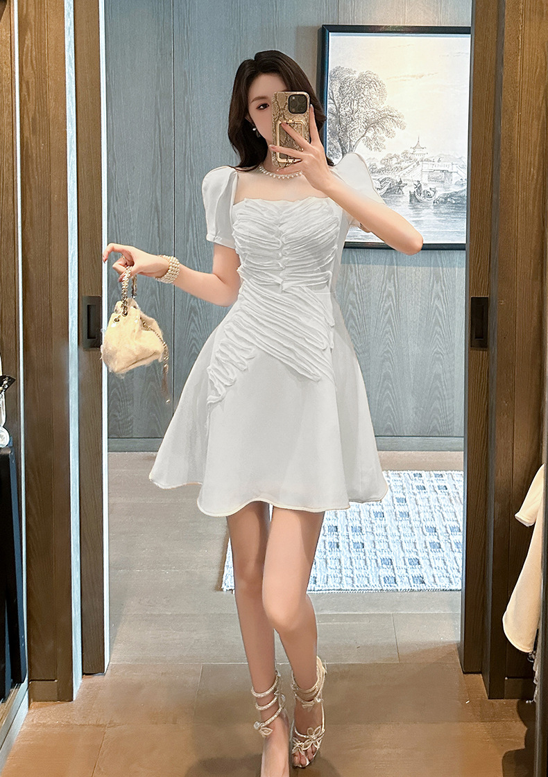 Váy trắng thiết kế kiểu Pháp eo nhỏ phồng xòe dáng midi — Màu trắng chi tiết 4