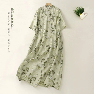 实拍2023夏新款棉麻中式复古改良版旗袍连衣裙立领文艺短袖印花女
