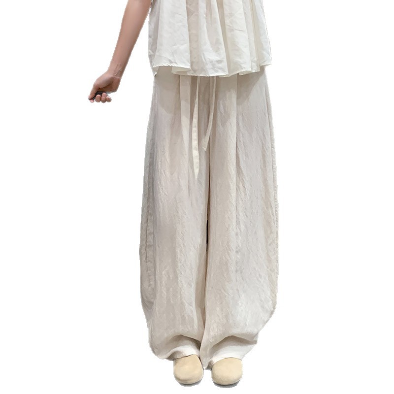 Pantalones anchos de seda de hielo azul marino para mujer verano 2025 nuevo estilo de cintura alta drapeado de lino de seda pantalones de cimitarra casuales rectos
