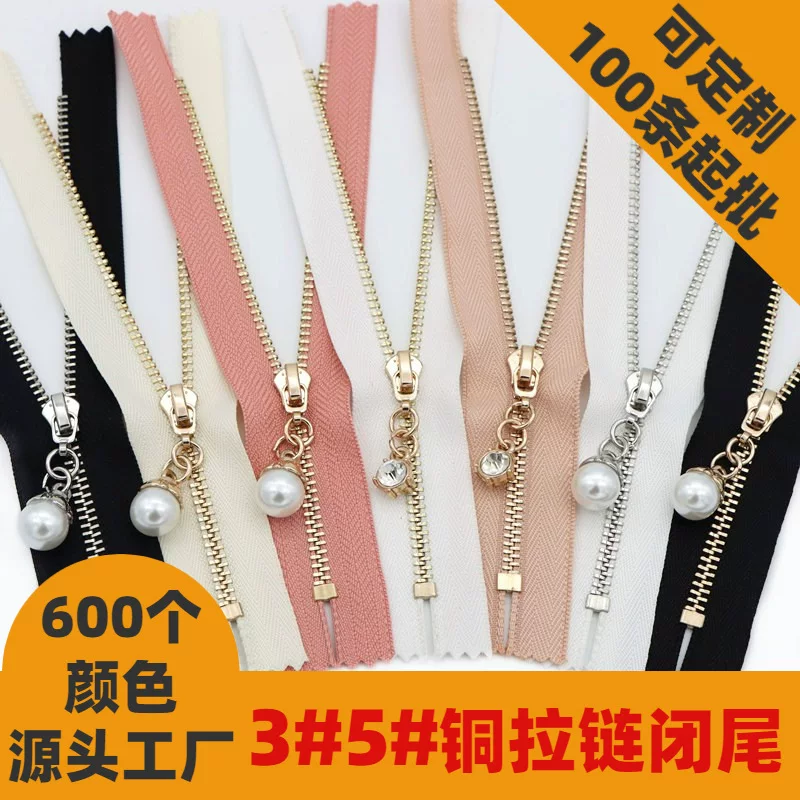 Copper golden chain with zipper handmade pearl, DIY