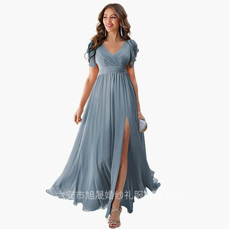 Cross-Border New Style Ruffle Sleeve Slit Bridesmaid Dress Long V-Neck Formal Chiffon Long Dress Cocktail Party Evening Dress Cross-Border New Style Ruffle Sleeve Slit Bridesmaid Dress Long V-Neck Formal Chiffon Long Dress Cocktail Party Evening Dress