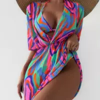 2025 новый bikini Европейская и американская внешняя торговля разноцветный принт купальник из трех частей женский сетчатый блузка блузка разделенные бикини