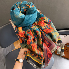 油画国风花卉孔雀围巾复古文艺外搭女士披肩加厚保暖防风御寒围脖