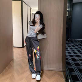 十字架彩色皮标抽绳伞兵裤女夏季新款小众设计感情侣休闲裤直筒裤